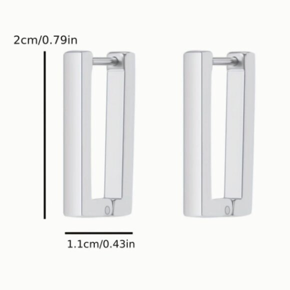Stainless Steel Silver Rectangle Hoop Earrings - Clicker back closure - NEW - Picture 3 of 3